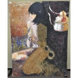 A contemporary mixed media portrait of a seated woman with kitten and mask, un-framed,