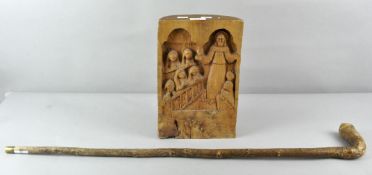 A chestnut log, relief carved with a scene of a Priest conducting Mass,