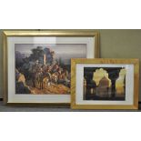 Two large framed and glazed prints, one depicting native Americans, the other depicting a temple,