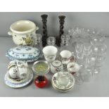 A collection of assorted wares to include; poole jam pot, Whitefriars dish, wooden candlesticks,