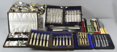A large collection of silver plated cutlery and flatware including numerous cased examples