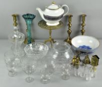 A collection of glassware and brass to include; brass candlesticks,