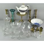 A collection of glassware and brass to include; brass candlesticks,