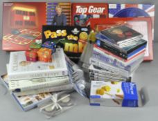 A selection of books and games, to include 'Pass the bomb', 'Top Gear' Plus DVD's,