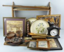 A collection of wooden items, to include shelves, pictures, mirror and clock,