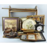 A collection of wooden items, to include shelves, pictures, mirror and clock,