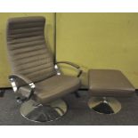 A modern reclining armchair and stool, in beige faux leather upholstery and chromed frame.