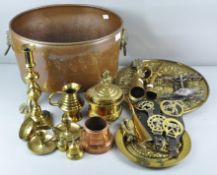 Assorted metalware to include; copper log basket with lion mask handles, candlesticks,