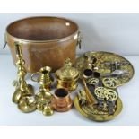 Assorted metalware to include; copper log basket with lion mask handles, candlesticks,