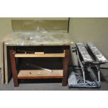 A scratch built work bench together with a folding work mate. Measures; 83cm x 102cm.