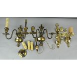 Two pairs of 19th century style brass wall sconces, one pair single,