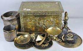 A brass coal box having pressed equestrian scene panels,