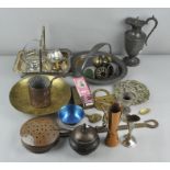 A collection of assorted metalware brass bowl, pewter jug, brass bowl and copper items.