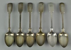 A set of six Early Victorian silver teaspoons, Fiddle pattern,