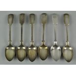 A set of six Early Victorian silver teaspoons, Fiddle pattern,