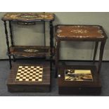 Two Italian sorrento lacquered marquetry tables along with two similar top boxes.