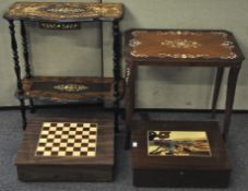 Two Italian sorrento lacquered marquetry tables along with two similar top boxes.
