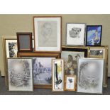 A selection of pictures together with a gilt framed mirror, H 51cm,