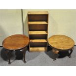 Two wooden coffee tables and a set of shelves,