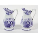 Two Staffordshire pottery blue and white transfer printed Royal Commemorative jugs,