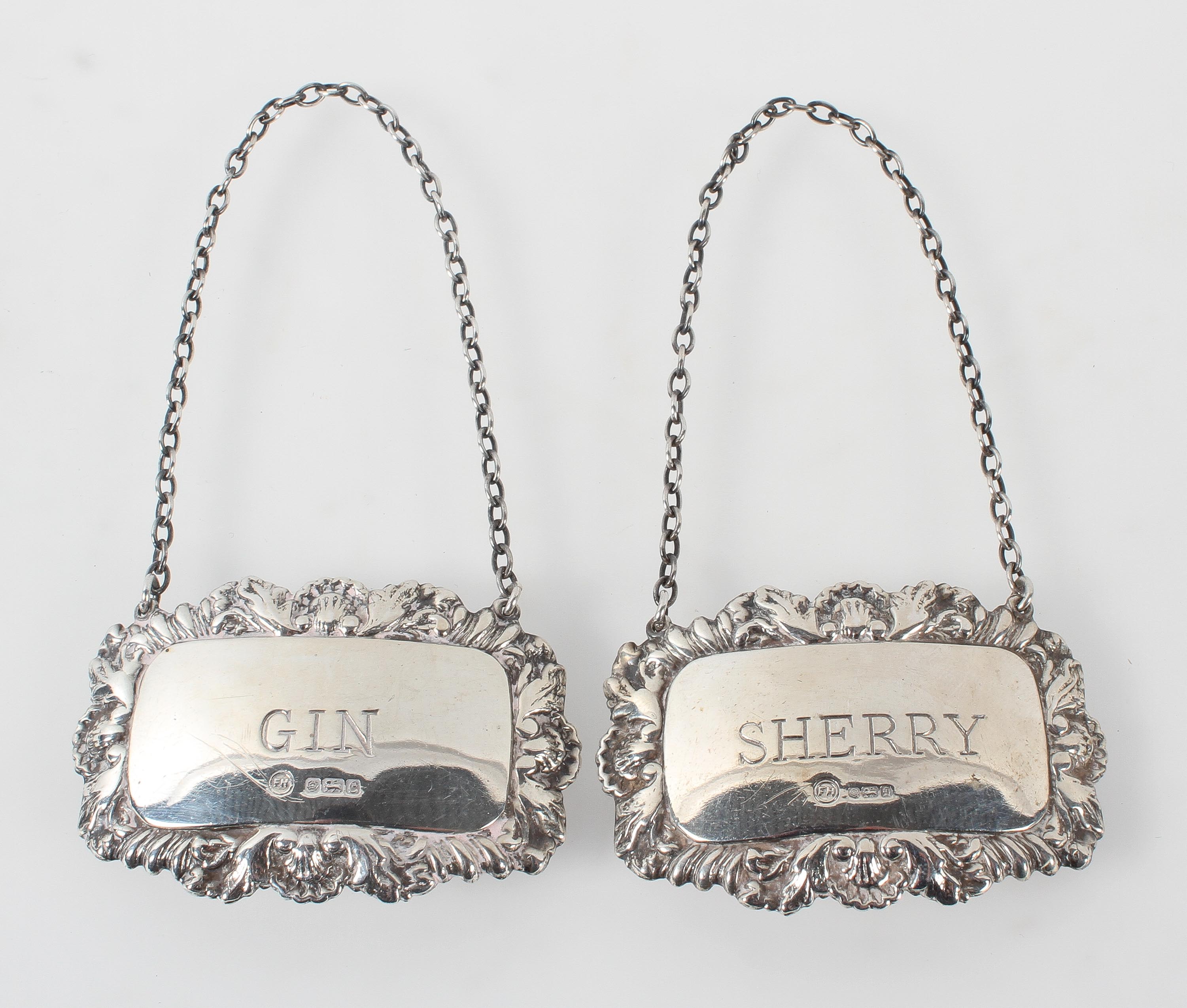 A pair of silver decanter labels "Gin" and "Sherry" in original case, - Image 2 of 3