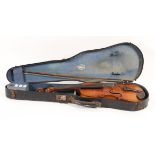An early 20th century violin, with two piece back, length of back 37cm, together with bow,