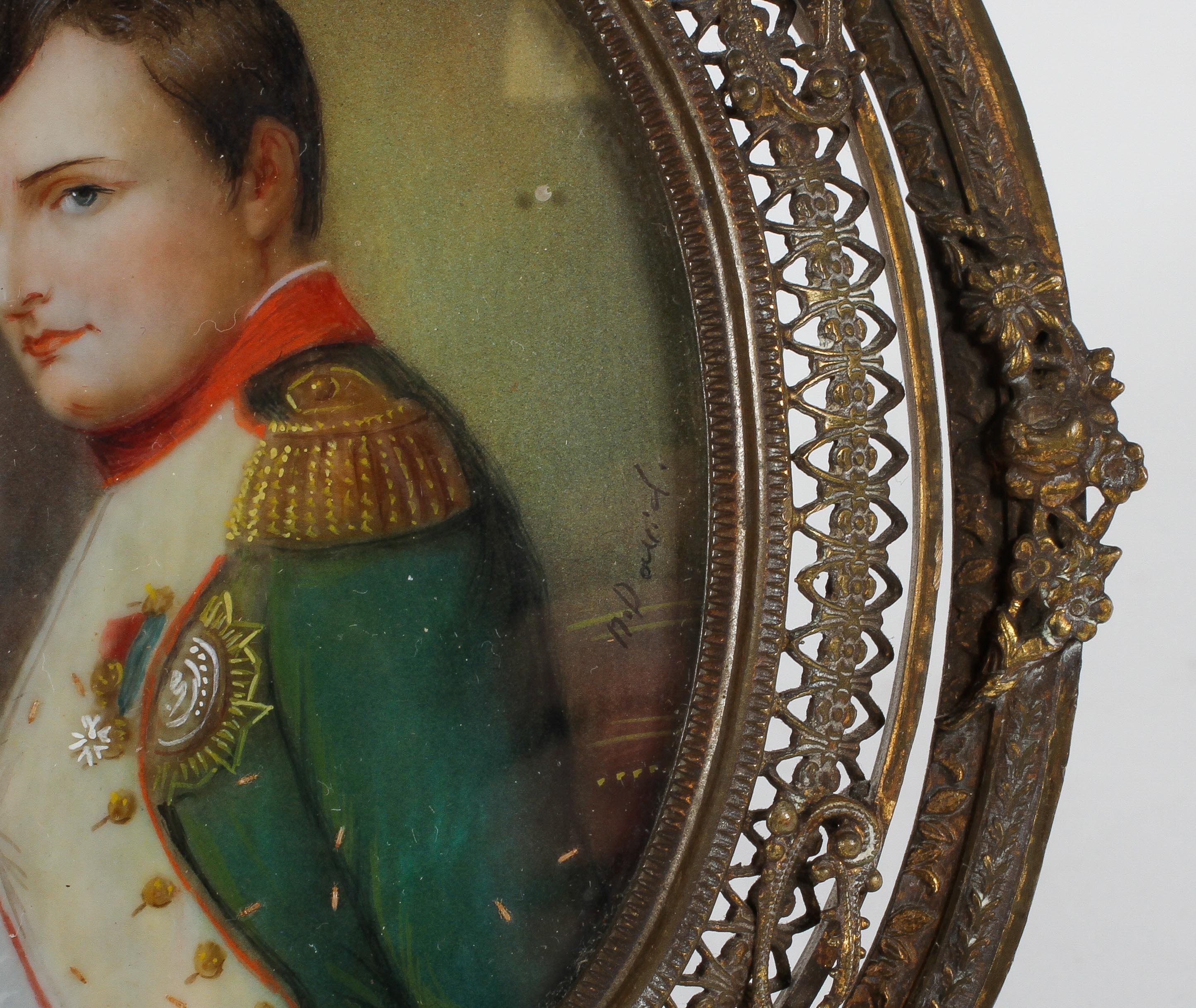 An oval miniature portrait Napoleon, signed N David, in pierced gilt strut frame, Image 8cm x 6cm, - Image 3 of 3