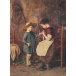 A gilt framed picture depicting two children, indistinctly signed to bottom left,