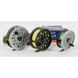 Three fly fishing reels, to include Youngs Pridex Noris Shakespeare,