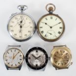 A collection of watches to include a base metal open face pocket watch; a chrome finish stop watch;