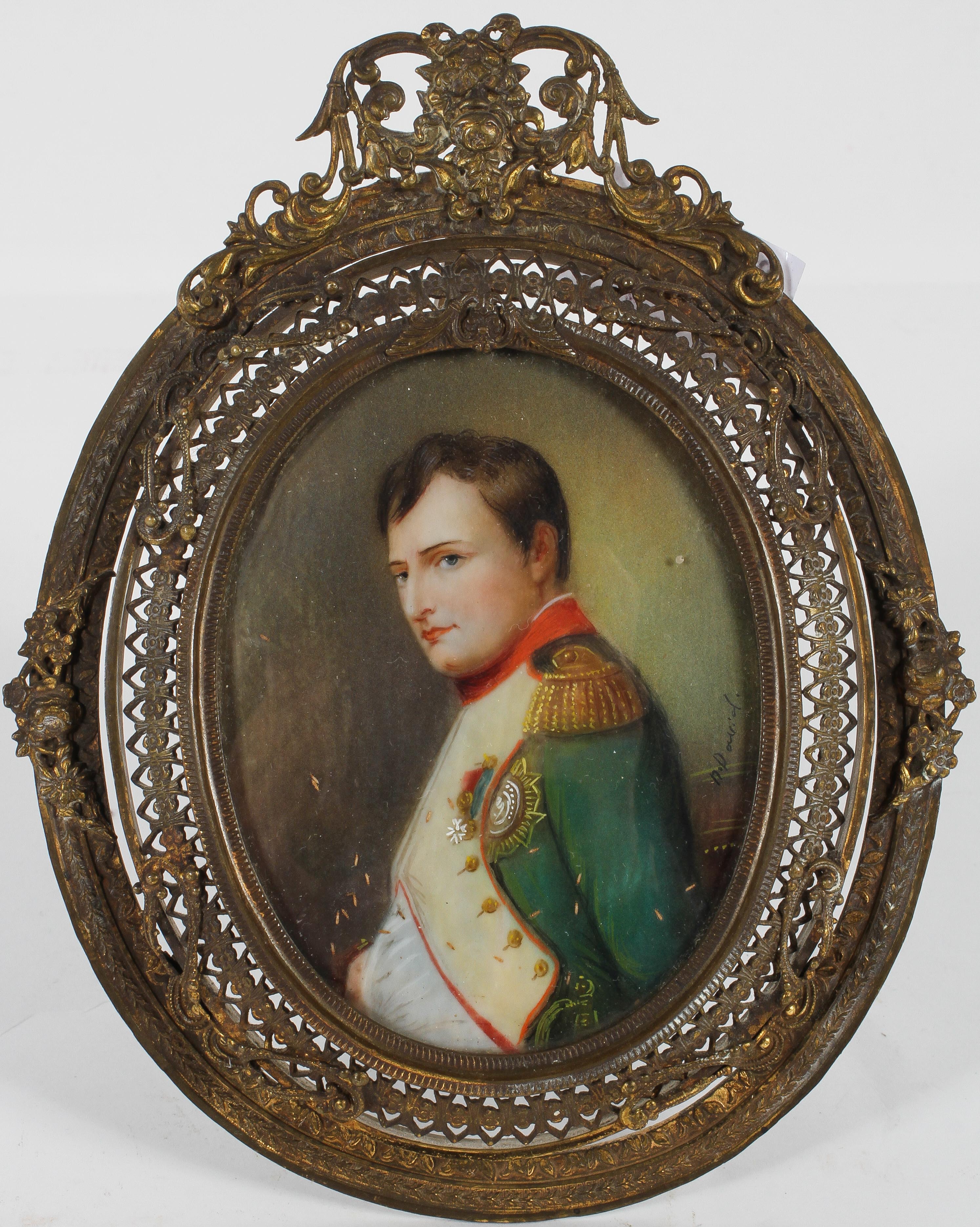 An oval miniature portrait Napoleon, signed N David, in pierced gilt strut frame, Image 8cm x 6cm,