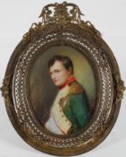 An oval miniature portrait Napoleon, signed N David, in pierced gilt strut frame, Image 8cm x 6cm,