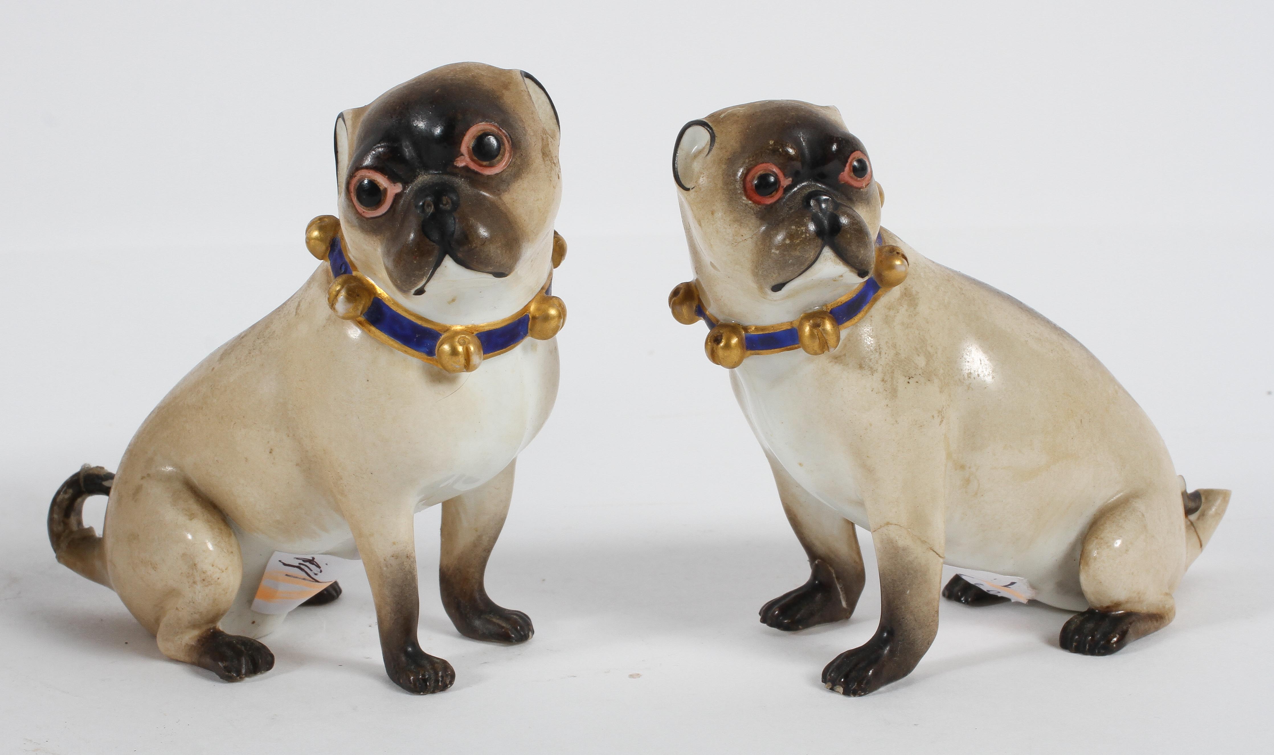 A Meissen (outside decorated) model of a Pug with a blue and gilt bell collar, - Image 2 of 2