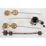 Three Chinese hair/wig pins and a filigree metal bracelet