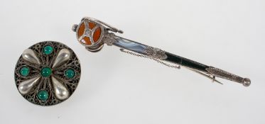 A Scottish agate set brooch, hallmarked sterling silver together with a green cabochon set brooch,