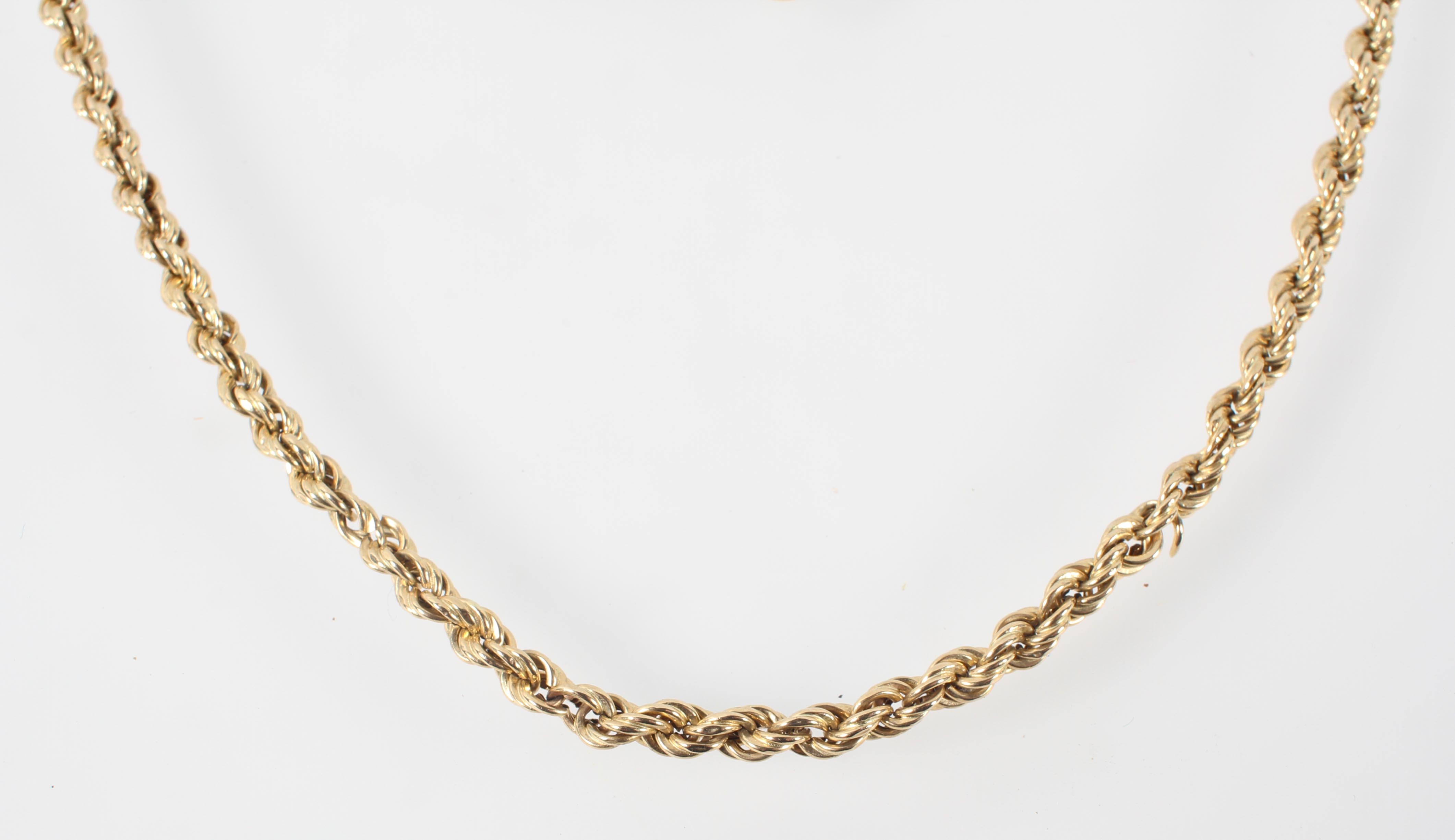 A yellow metal rope link chain, bolt ring clasp, 32 inch length. Hallmarked 9ct gold, London. - Image 2 of 2