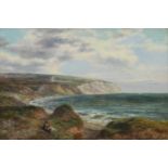 A 19th century,coastal landscape with cliffs in the distance, oil on canvas, framed and glazed,