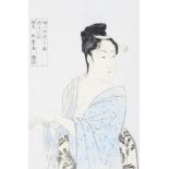 A mid century Japanese print of a semi nude lady in traditional dress,