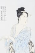 A mid century Japanese print of a semi nude lady in traditional dress,