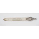 A mid century Maltese silver paper flip style letter opener, with inscribed, broad flat blade,