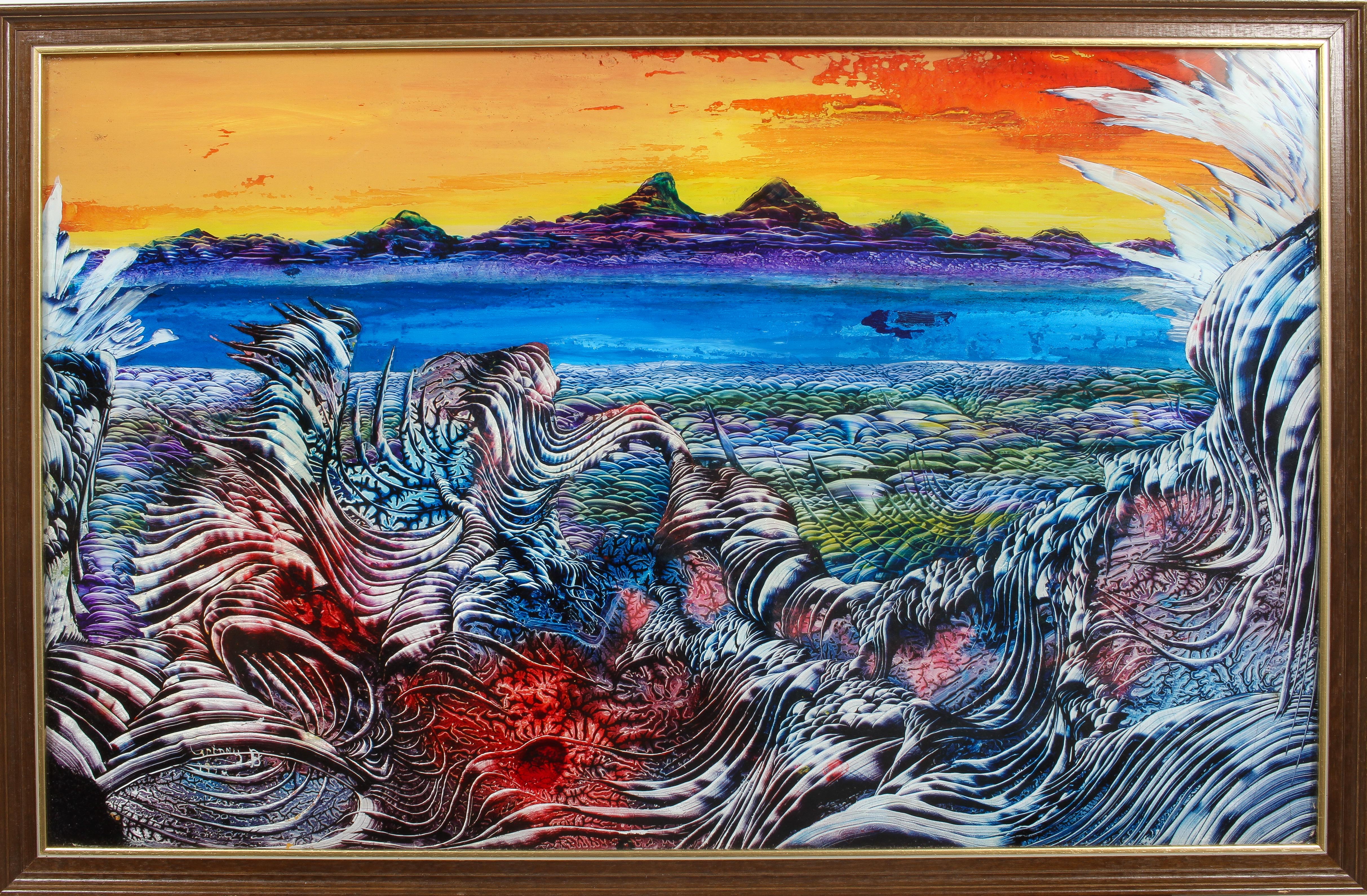 Anthony Butler, A Fantasy Mountain scene, verre eglomise, signed lower left and dated 1993, - Image 2 of 4