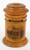 A Mauchline ware treen turned postal money box, scene to front, 'Sir Walter Scotts Toomb',