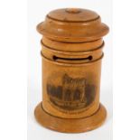 A Mauchline ware treen turned postal money box, scene to front, 'Sir Walter Scotts Toomb',