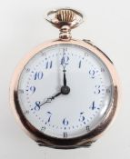 A small size open face pocket watch. Circular white dial with numerical markings.