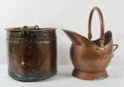 A brass, Arts and Crafts style coal bucket and a copper helmet scuttle