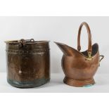 A brass, Arts and Crafts style coal bucket and a copper helmet scuttle