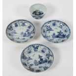 A Chinese blue and white tea bowl and three saucers, 18th century,