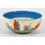 A Clarice Cliff 'Poplar' pattern bowl, circa 1930, printed Bizarre marks, Newport, painted in blue,