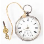 An open face pocket watch. Circular white dial (unsigned) with roman numerals. Key wound movement.