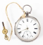 An open face pocket watch. Circular white dial (unsigned) with roman numerals. Key wound movement.